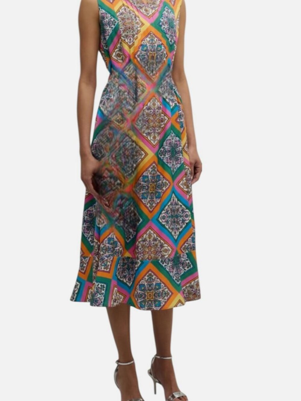 Elie Tahari Women's Blue Phoebe Mosaic Silk MIDI Dress Size L